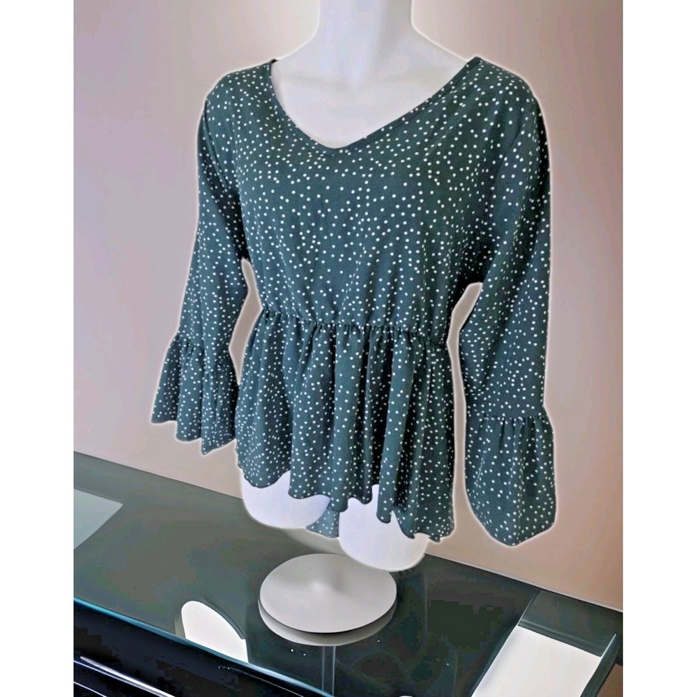 Green Polka Dot Popover Top 2XL Bell Sleeve Peplum Elastic‎ Waist Hi Lo Hem Boho